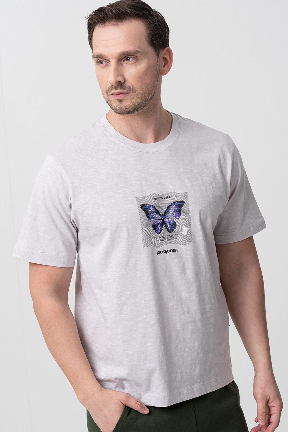 Jack & Jones, Tricou cu imprimeu grafic si decolteu la baza gatului, Negru, Gri deschis melange, Ametist, XL