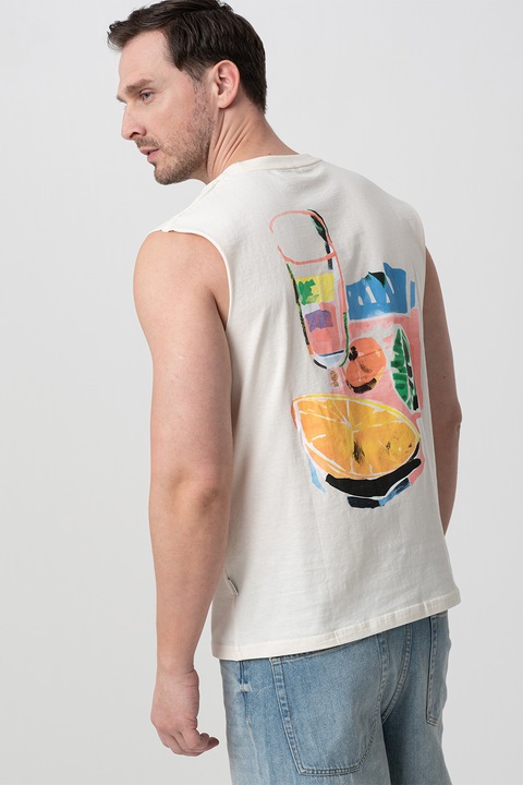 Jack & Jones, Тениска без ръкави с фигурален принт, Маслини/Мръснобял