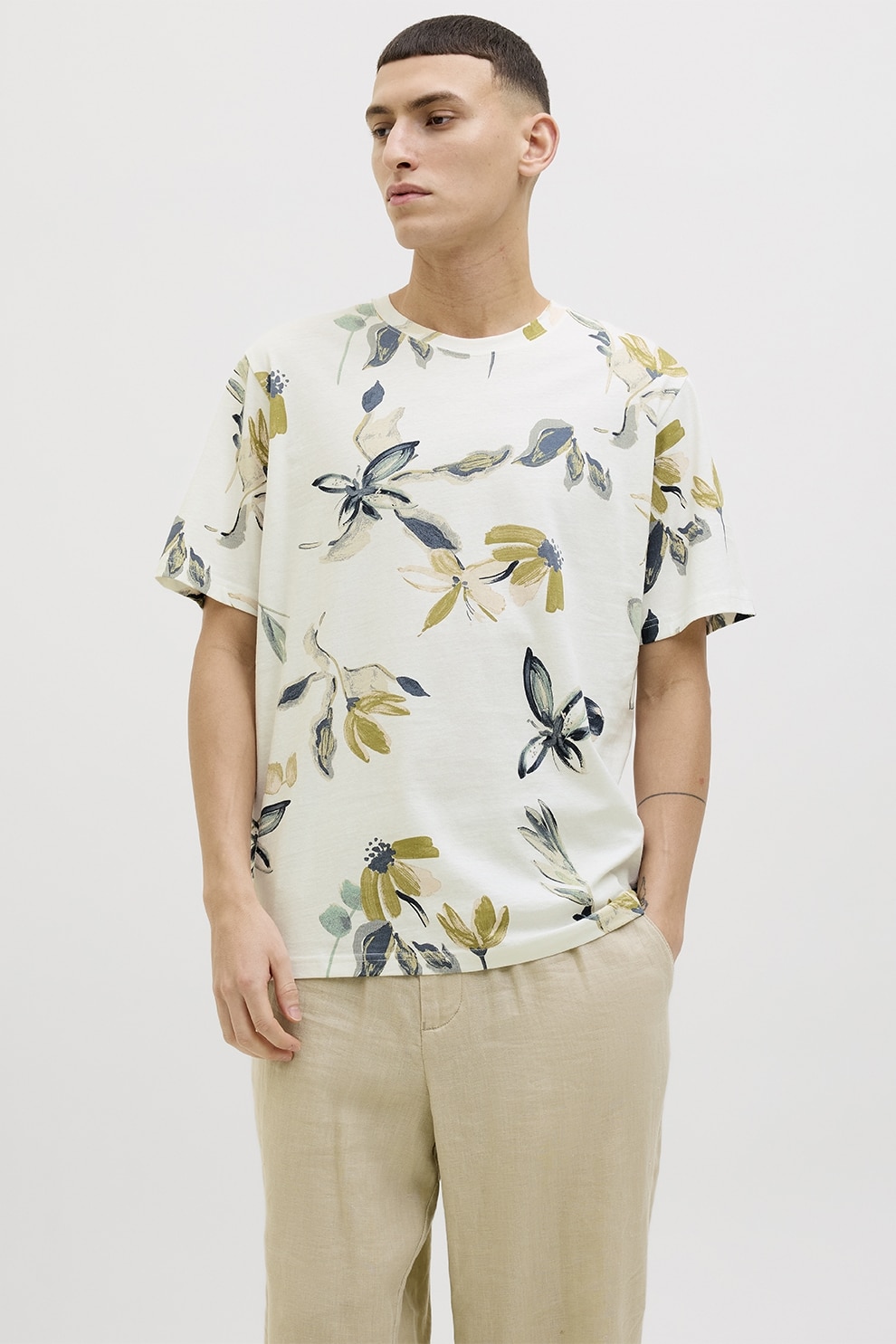 Jack & Jones, Tricou cu decolteu la baza gatului si model, Verde, Verde masliniu, Alb murdar, XL