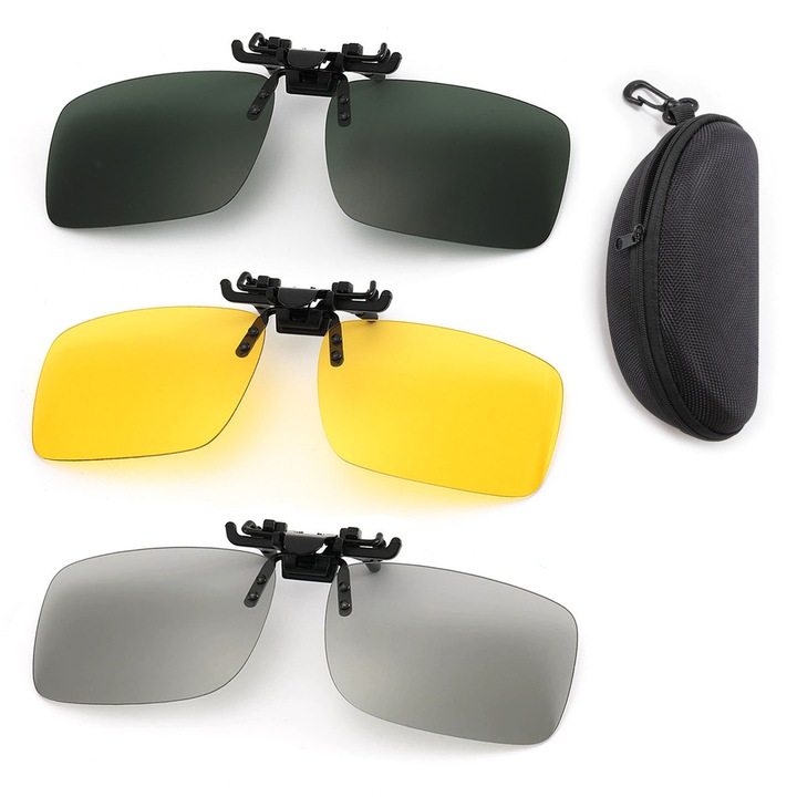 Set 3 Lentile polarizate clip on, Axroad Mall, Lentile ochelari de soare tip clip-on, Incluse tocuri, Protectie UV400, Unisex, De condus ziua si noaptea, Pentru sport, calatorii si pescuit, TAC, 134*59*42mm, Multicolor