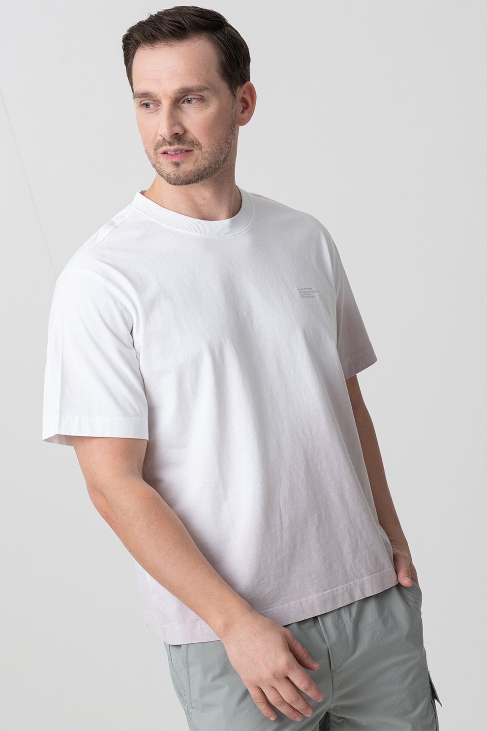 Jack & Jones, Tricou de bumbac cu imprimeu decolorat, Alb optic, S