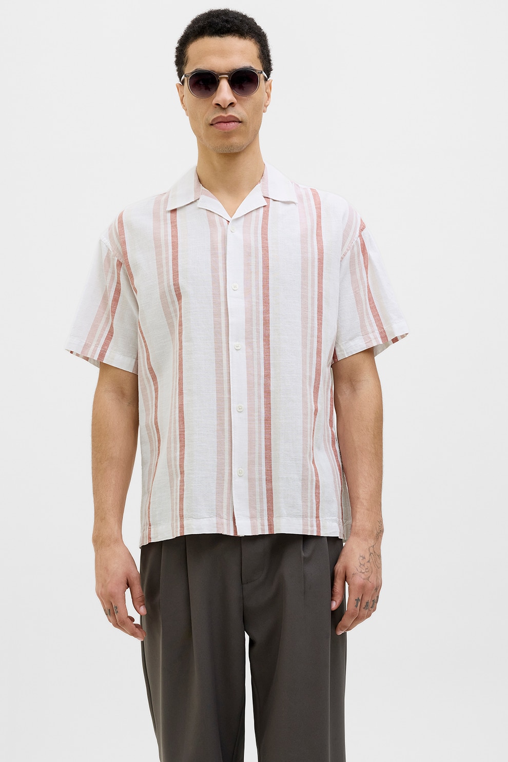 Jack & Jones, Camasa relaxed fit din amestec de in, Alb fildes, Rosu pal, XL