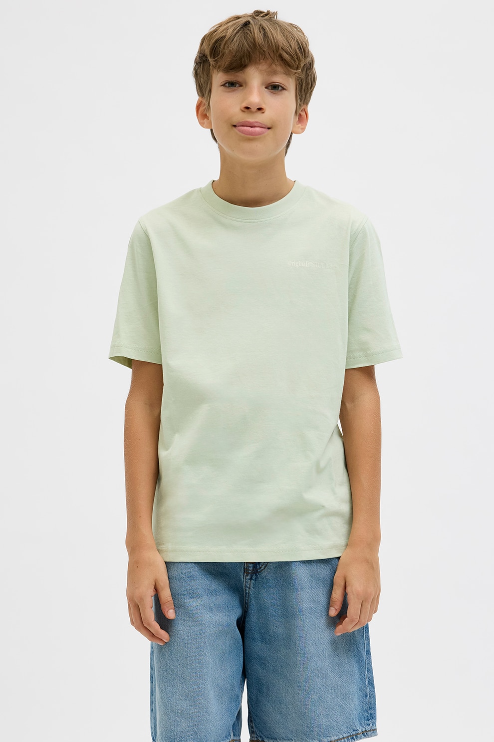 Jack & Jones, Tricou cu decolteu la baza gatului si imprimeu grafic pe partea din spate, Albastru pastel, Maro, Verde pal, 152 CM