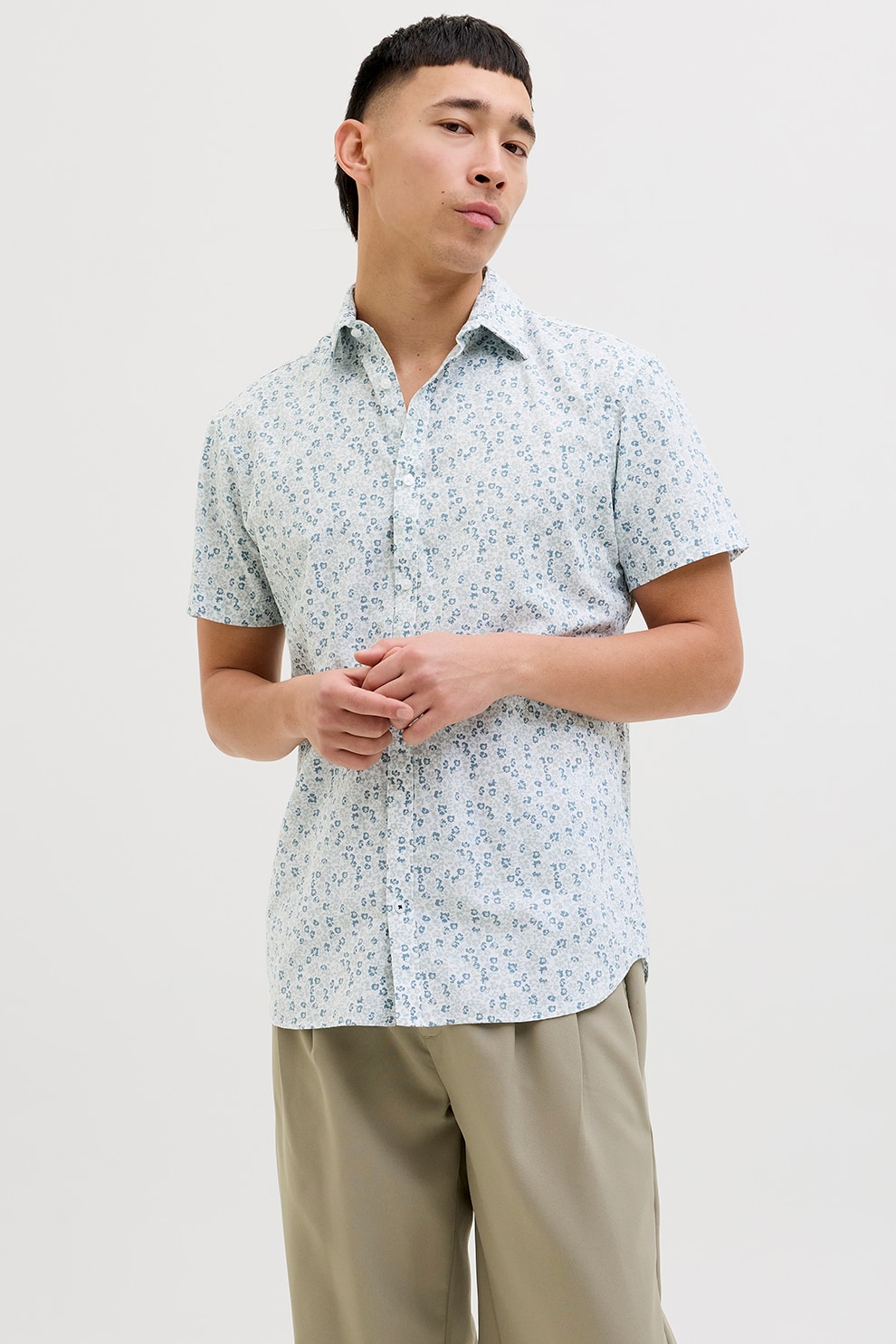 Jack & Jones, Camasa din amestec de in cu model, Albastru pal, Alb optic, M