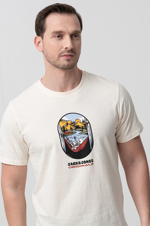 Jack & Jones, Koponyás pamutpóló, Világoskék/Krémszín