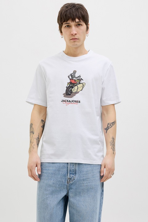 Jack & Jones, Koponyás pamutpóló, Korallszín/Bézs/Fehér