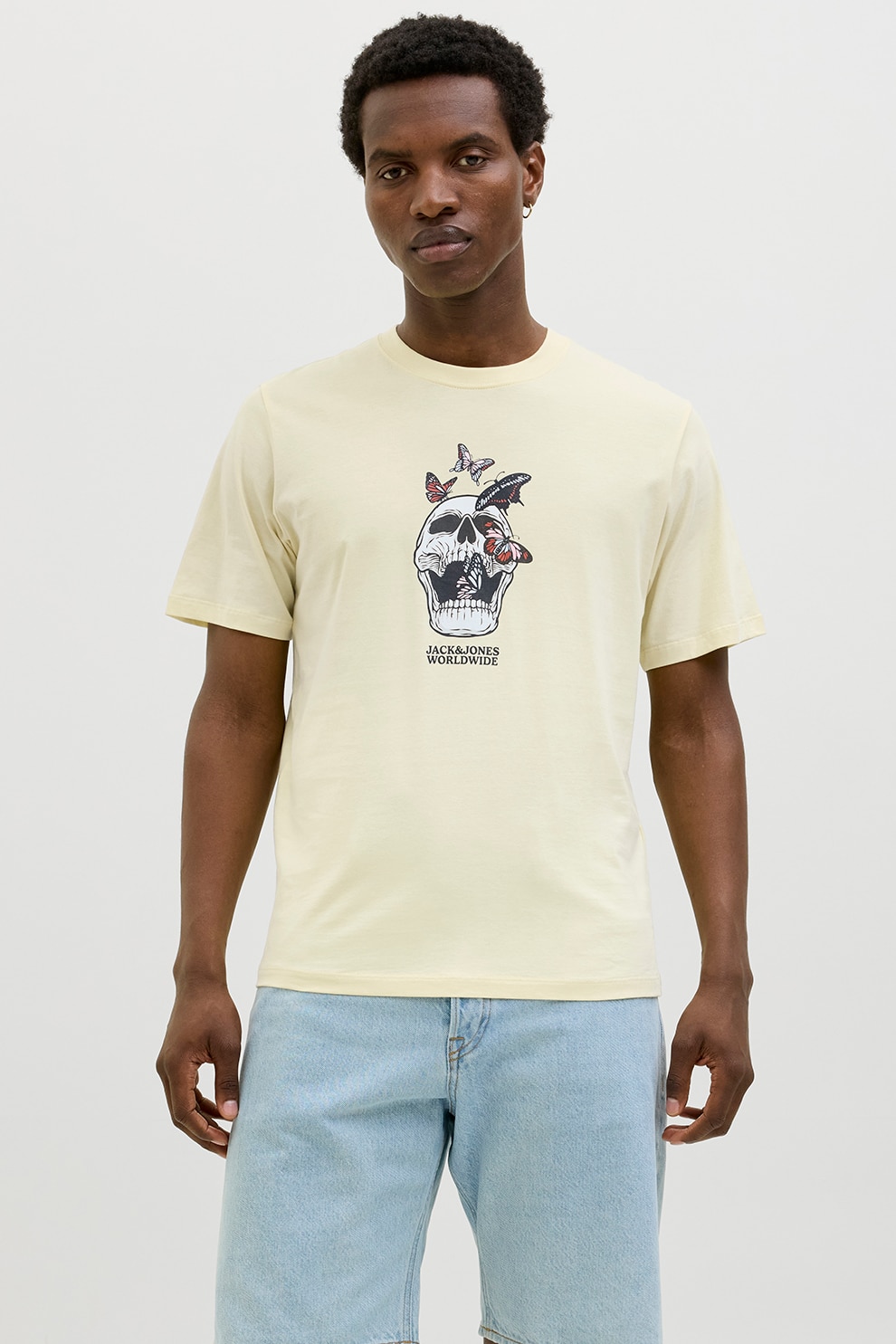 Jack & Jones, Tricou din bumbac cu imprimeu cu craniu, Negru, Corai, Crem, XL