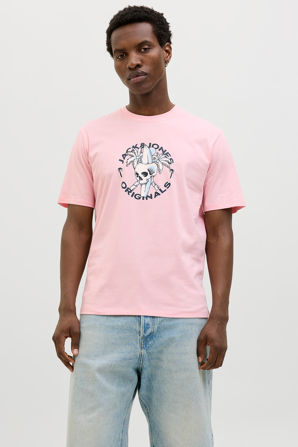 Jack & Jones, Tricou din bumbac cu imprimeu cu craniu, Alb, Negru, Roz deschis, L