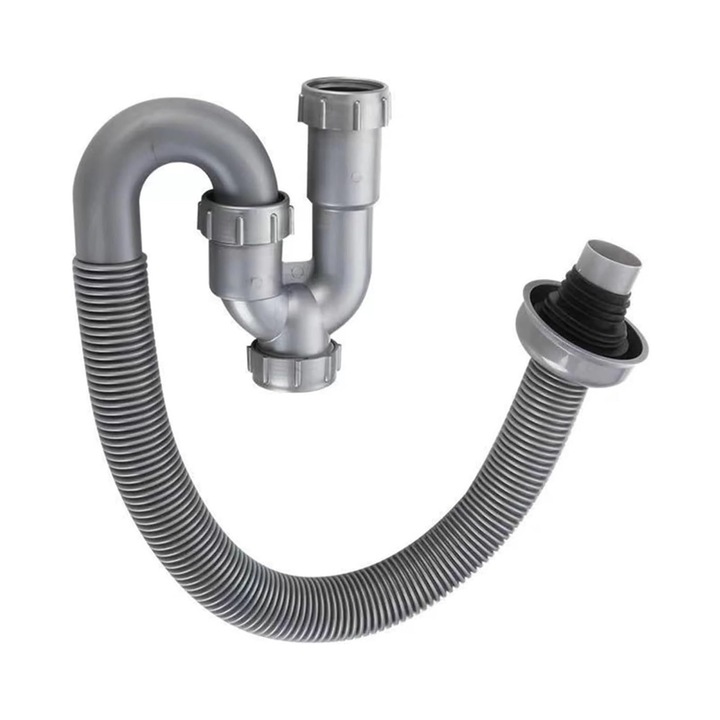 Racord flexibil scurgere cu ventil, Axroad Mall, Scurgere retractabil, Lavoar teava de scurgere in forma de u, Tub de drenaj deodorant acces la conducte, Extensibil si flexibil, Pentru bucatarie si chiuveta de baie, 95cm, Gri