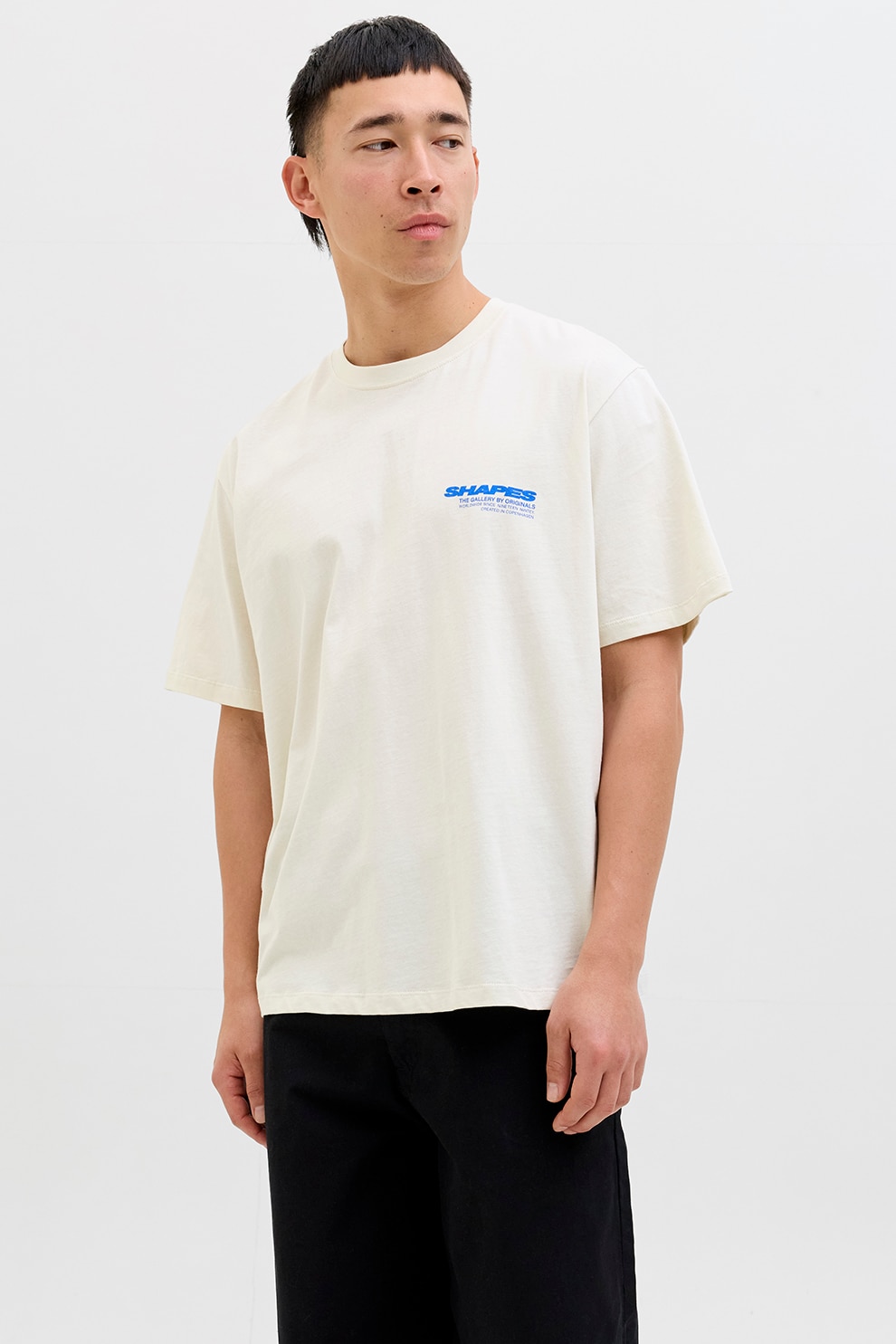 Jack & Jones, Tricou cu decolteu la baza gatului si imprimeu pe partea din spate, Alb murdar, Roz, Albastru, XL