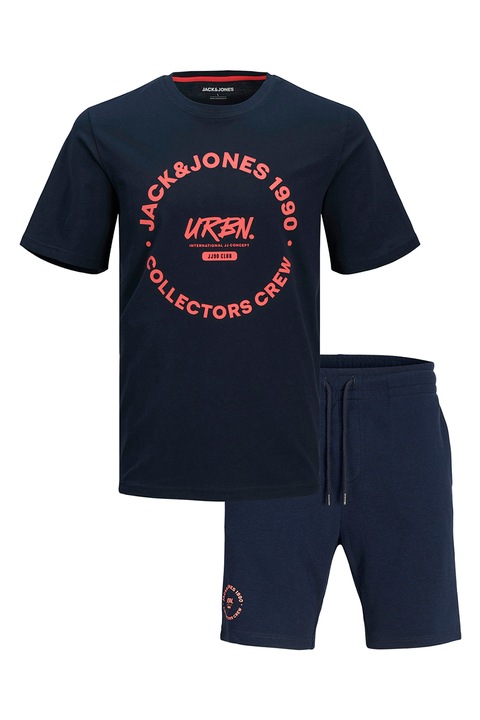 Jack & Jones, Тениска и къс панталон с лого, Тъмносин