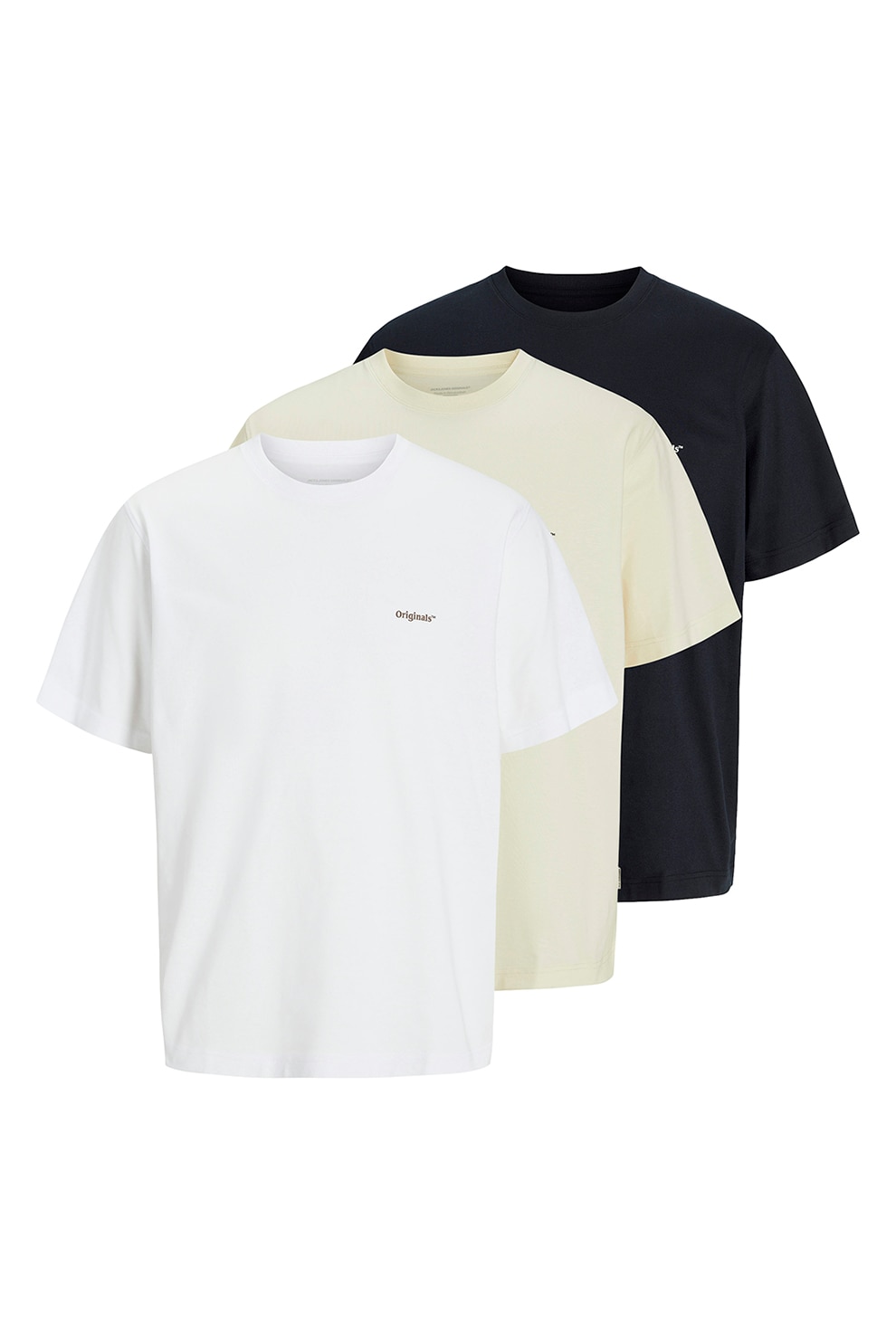 Jack & Jones, Set de tricouri din bumbac cu decolteu la baza gatului - 3 piese, Alb, Negru, Bej, XL