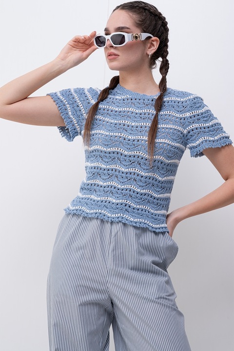 Only, Bluza de crosetata cu maneci scurte, Alb/Albastru