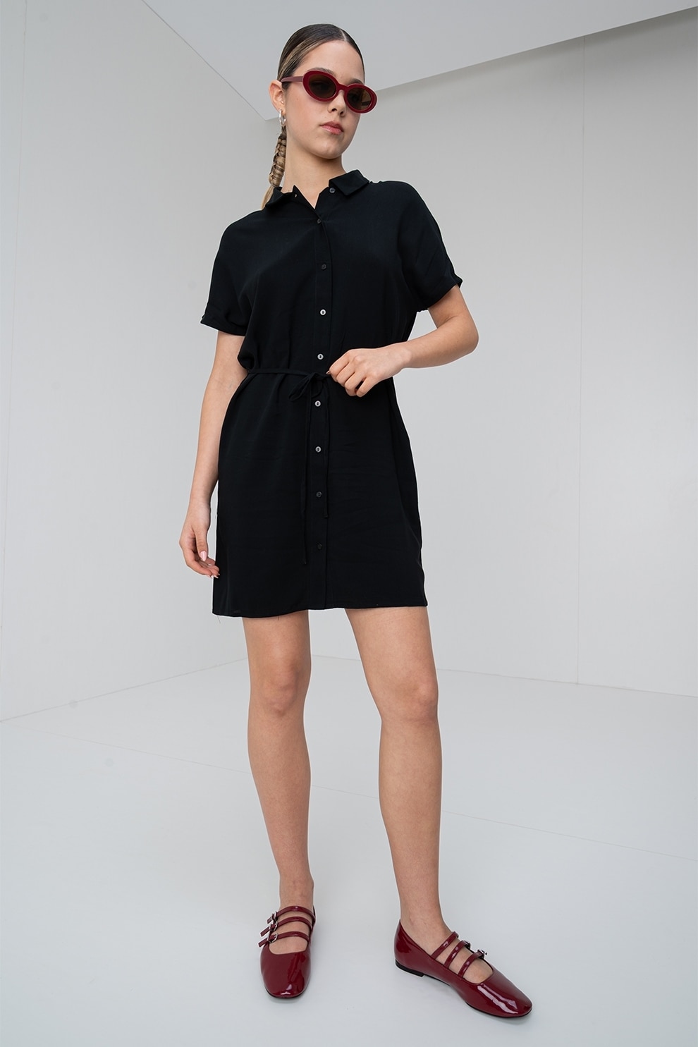 Only, Rochie-camasa cu un cordon in talie Nova, Negru, L
