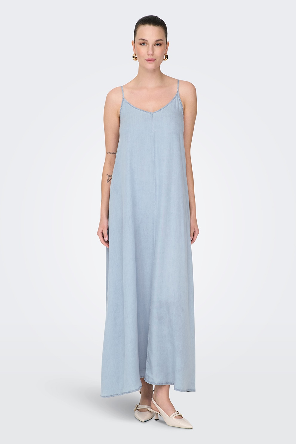 Only, Rochie maxi din lyocell cu decolteu in V Charis, Albastru glaciar, S