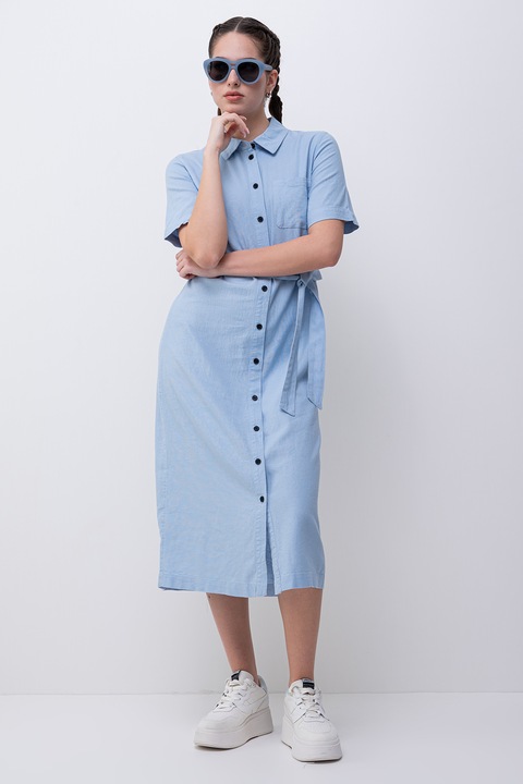 Only, Миди рокля-риза с лен и връзка, Пастелносин