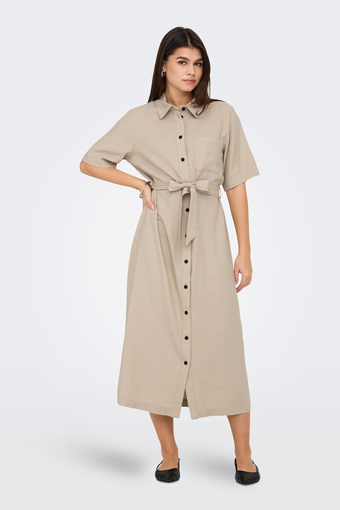 Only, Миди рокля-риза с лен и връзка, Светло бежово