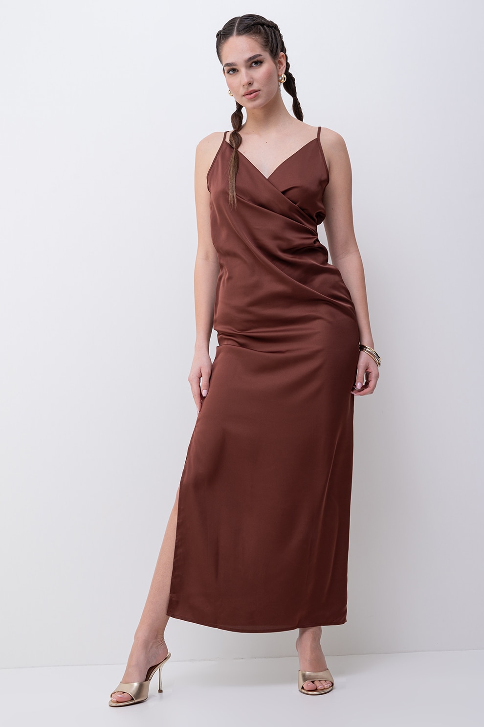 Only, Rochie satinara cu slit lateral Chigo, Maro fango, M