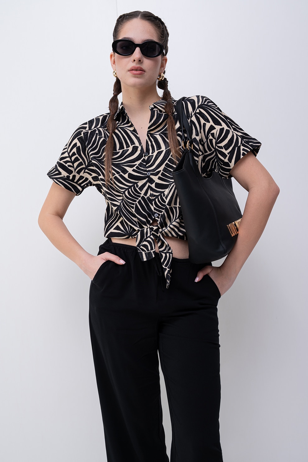 Only, Camasa cu model Nova, Negru, Maro nisip, L