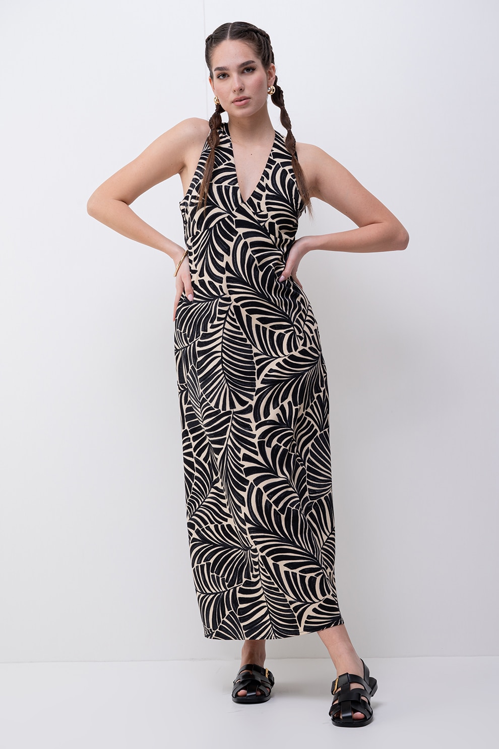 Only, Rochie cu decolteu in V si model, Negru, Maro nisip, S