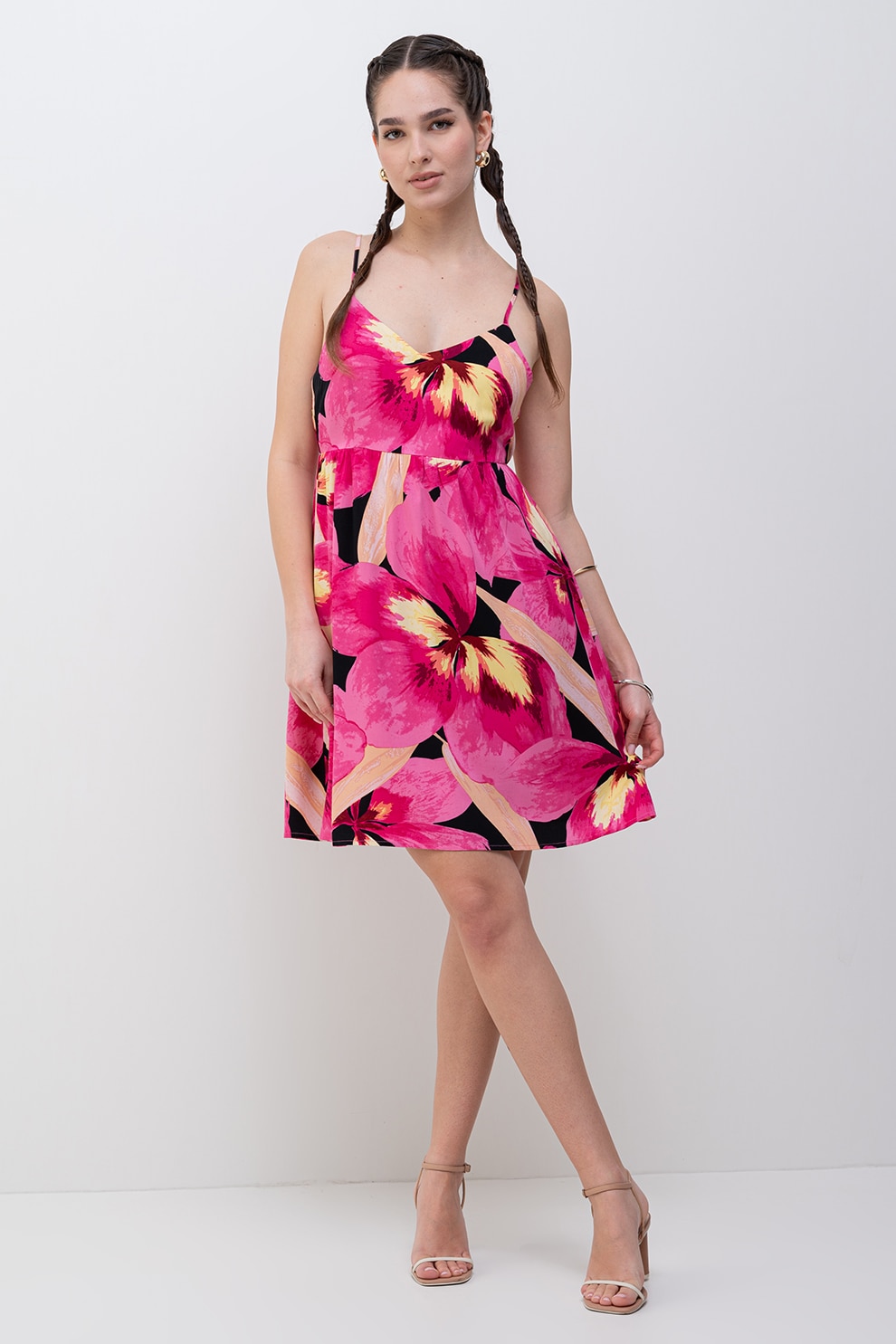 Only, Rochie mini cu imprimeu floral, Negru, Galben, Roz, S