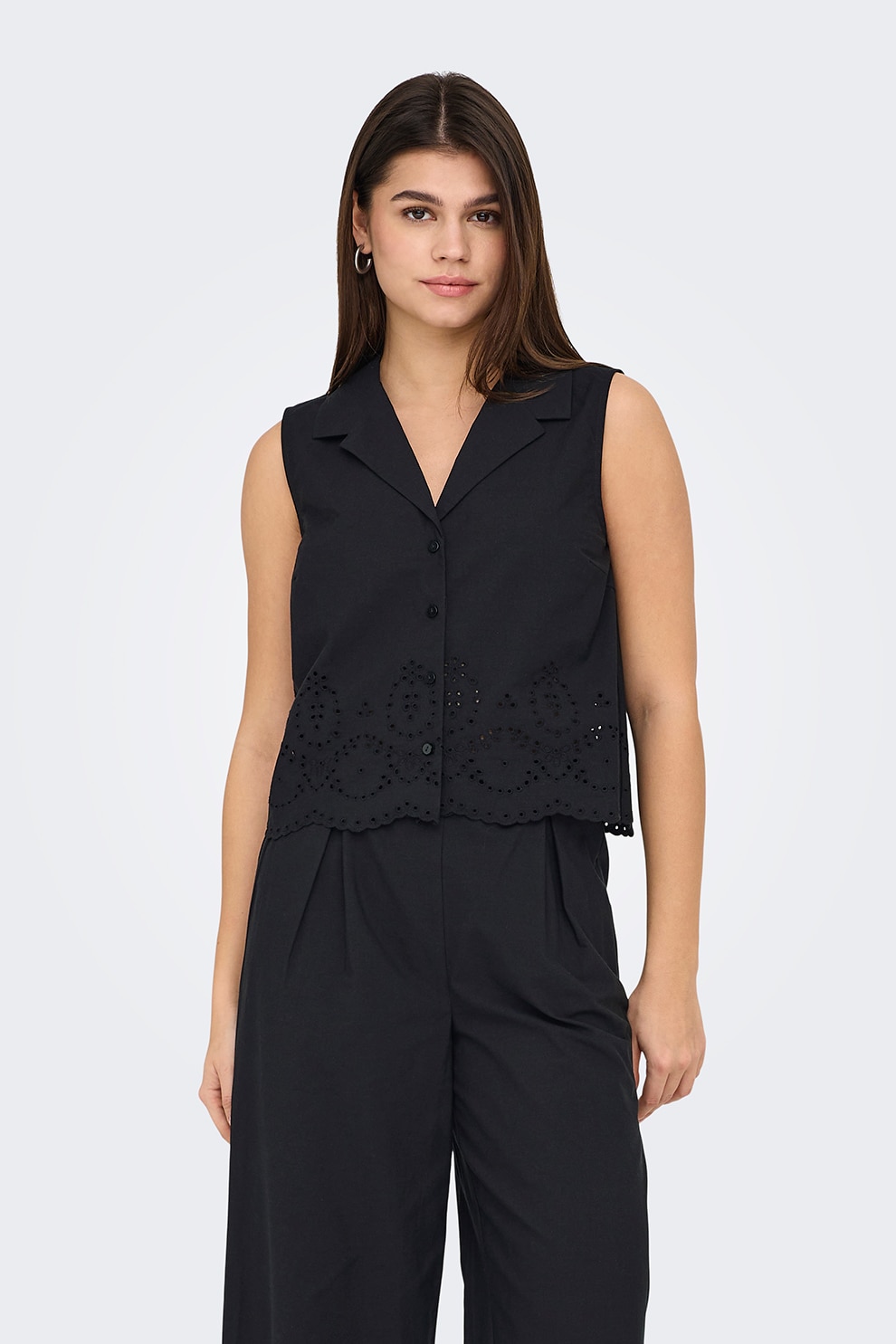 Only, Camasa cu broderie, fara maneci, Negru, XS