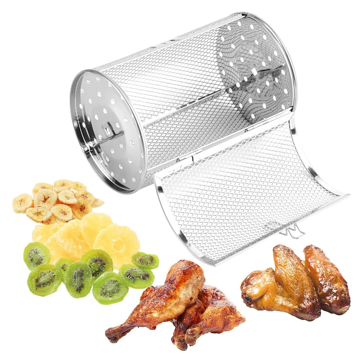 Cos Rotund de Gratar, SINBINTA, Cos Gratar Rotativ, Deschidere usa, Rezistent la deformare si temperaturi Inalte, Rezistent la coroziune, Reutilizabile, Usor de curatat, Otel inoxidabil, 18x12cm, Argintiu