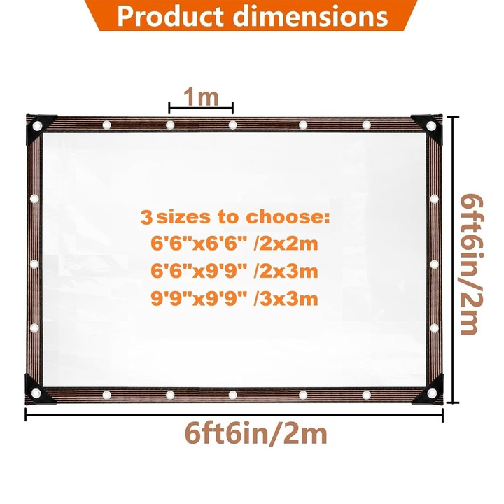Водоустойчив брезент 2x2 м, SINBINTA, Прозрачен брезент с капси, С 5м въже, Водоустойчив, Устойчив на атмосферни влияния, Устойчив на разкъсване и пробиване, Сгъваем, Лесен за инсталиране, За оранжерия, градина, пергола, PVC