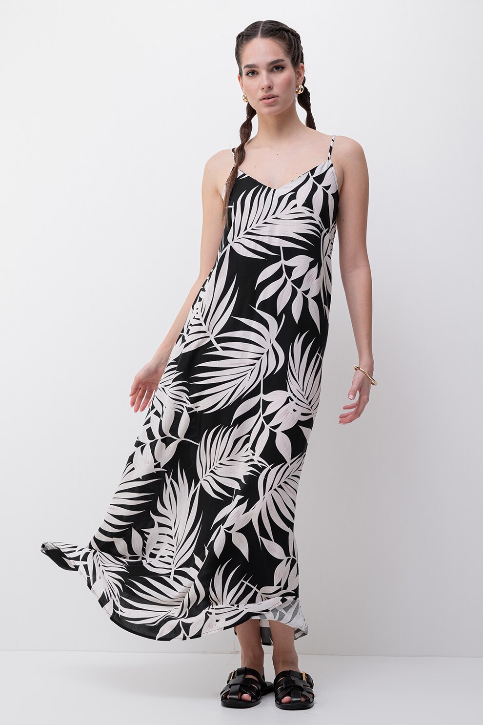 Only, Rochie lunga cu animal print si decolteu in V, Alb, Negru, M