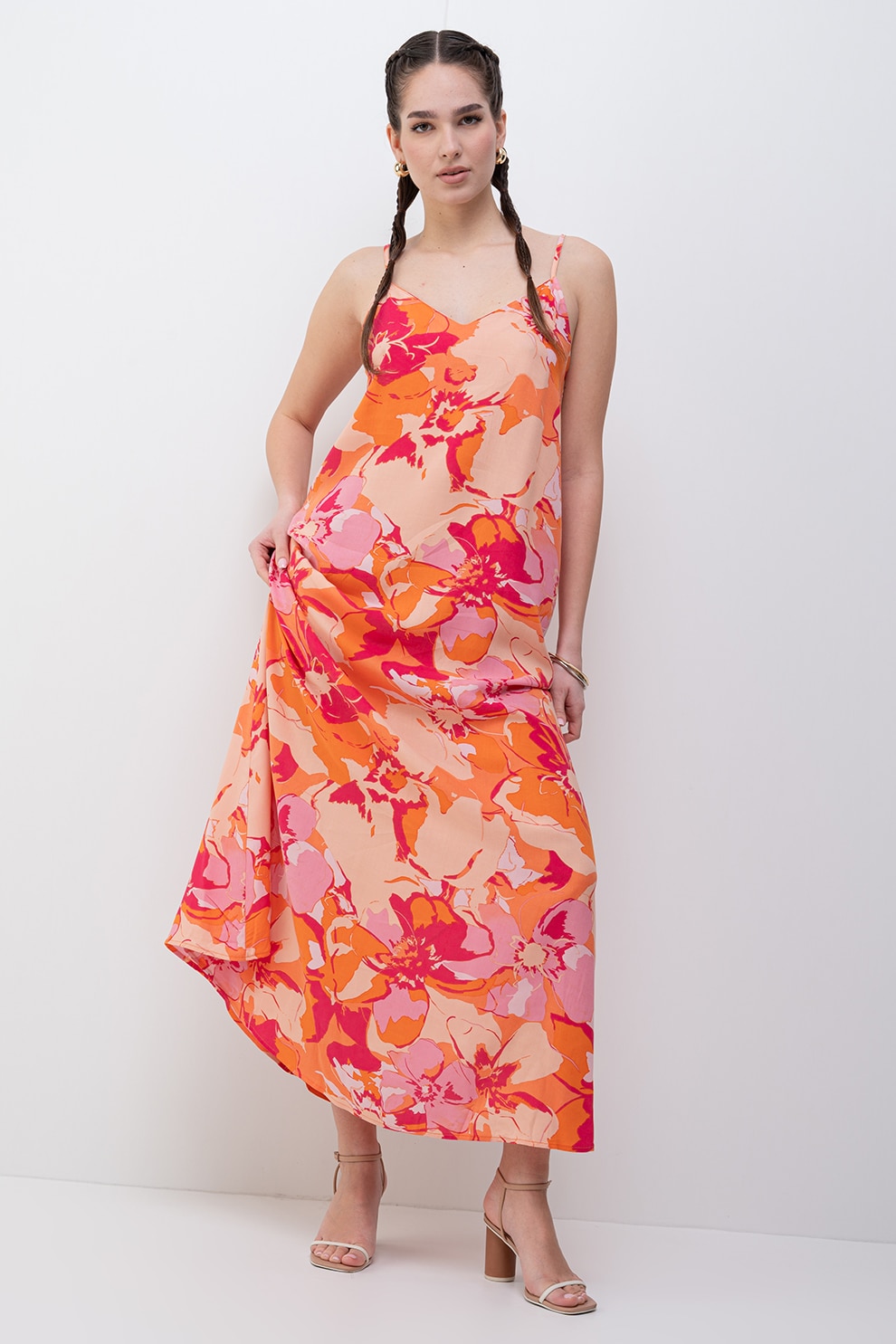 Only, Rochie lunga cu animal print si decolteu in V, Portocaliu, Roz, M