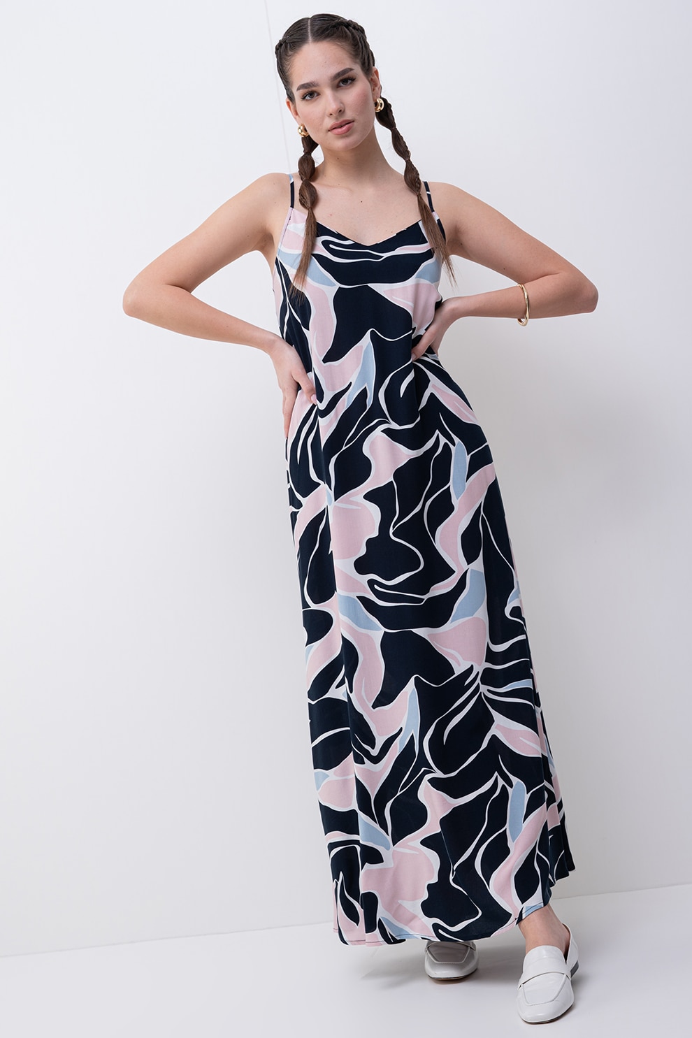Only, Rochie lunga cu animal print si decolteu in V, Alb, Roz, Bleumarin, S