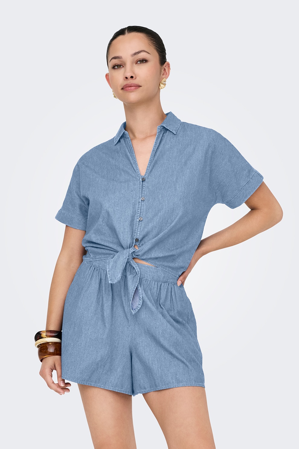 Only, Camasa crop cu decolteu in V, Albastru deschis, S