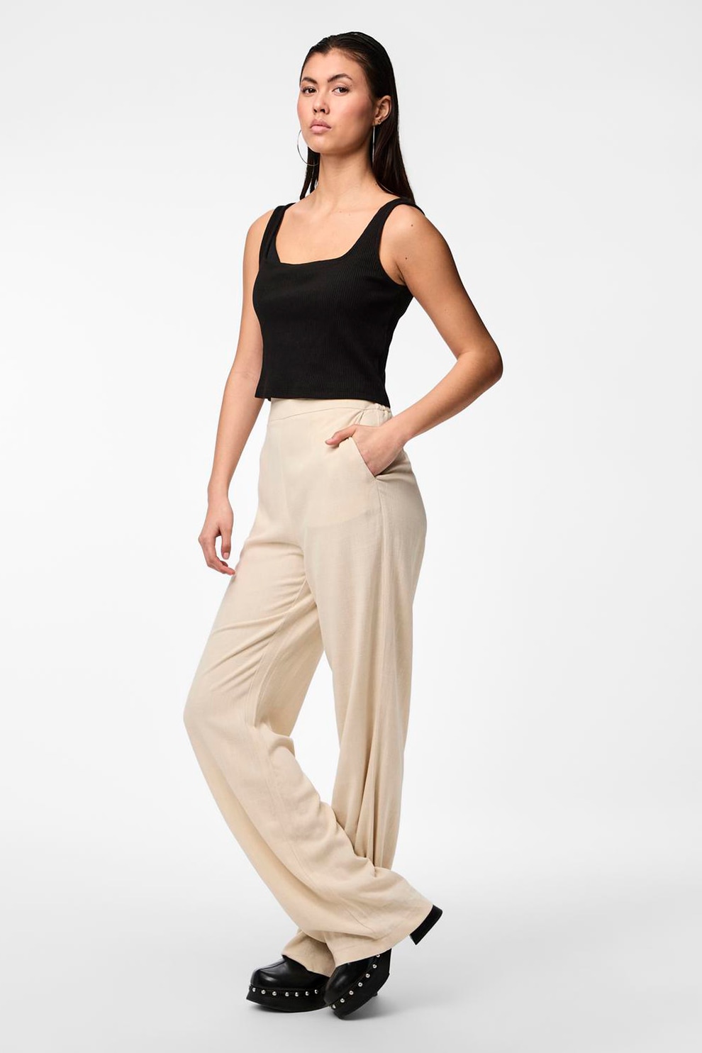 Pieces, Pantaloni din amestec de in cu croiala ampla, Crem, M-L32