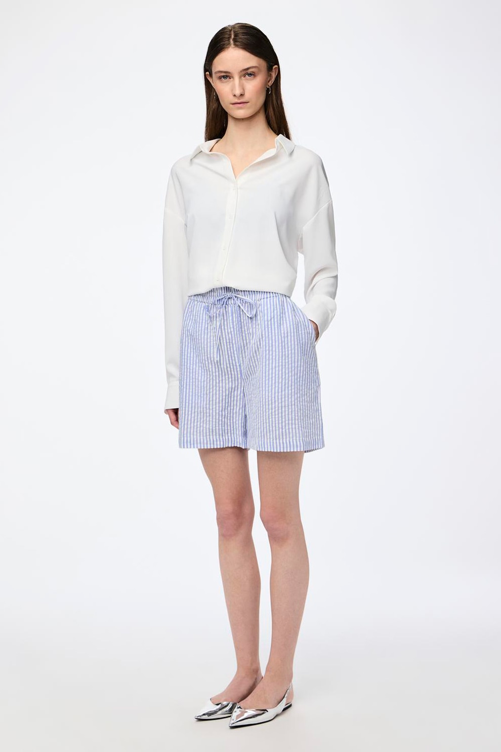 Pieces, Pantaloni scurti de bumbac cu model in dungi, Albastru deschis, S
