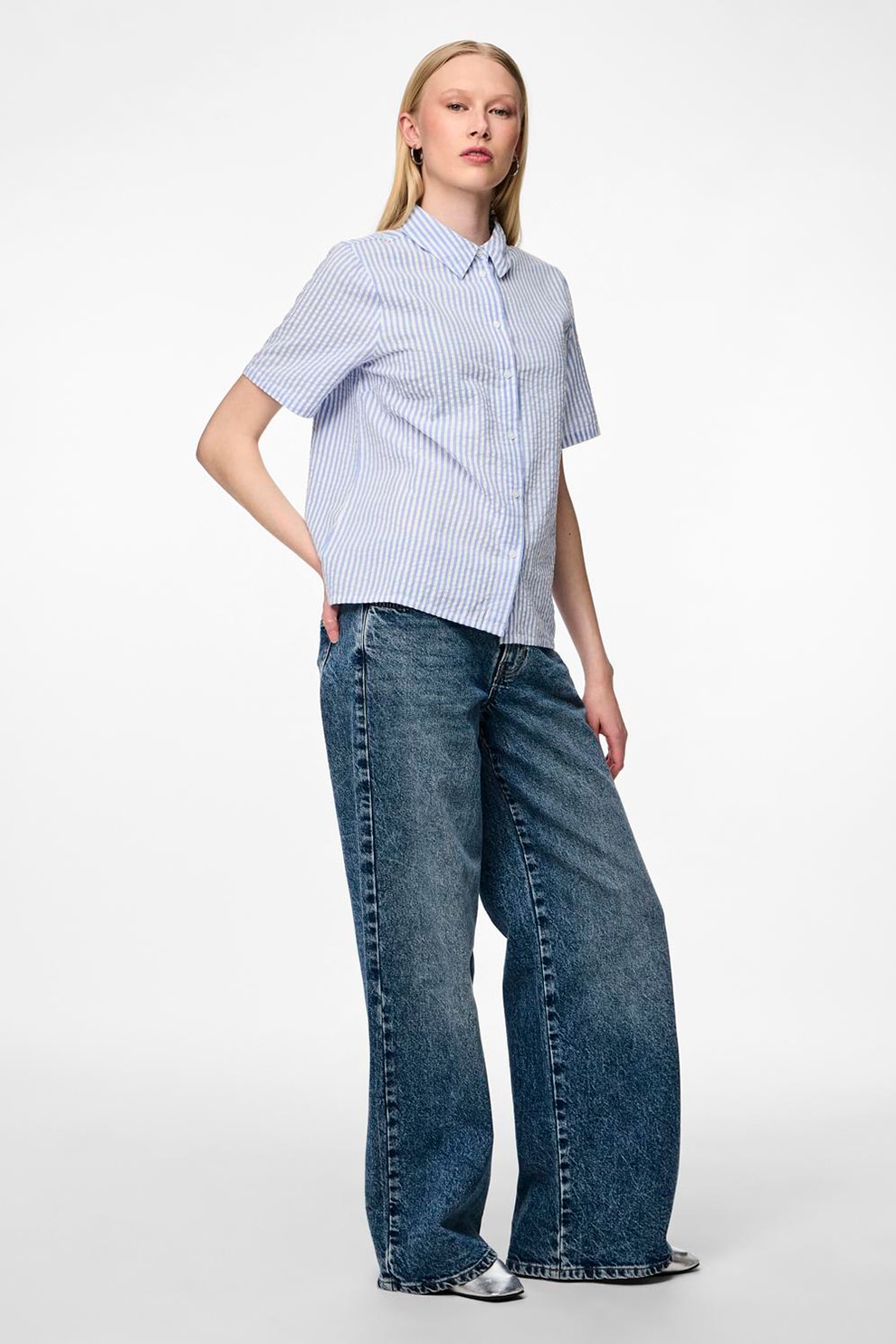 Pieces, Camasa lejera din bumbac cu model in dungi, Albastru deschis, S