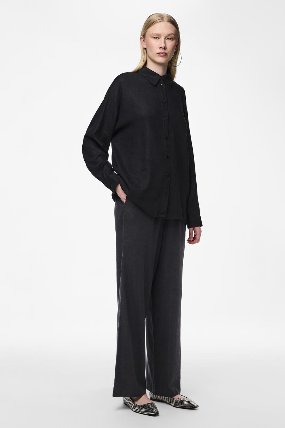 Pieces, Pantaloni din amestec de in cu croiala ampla, Negru, S