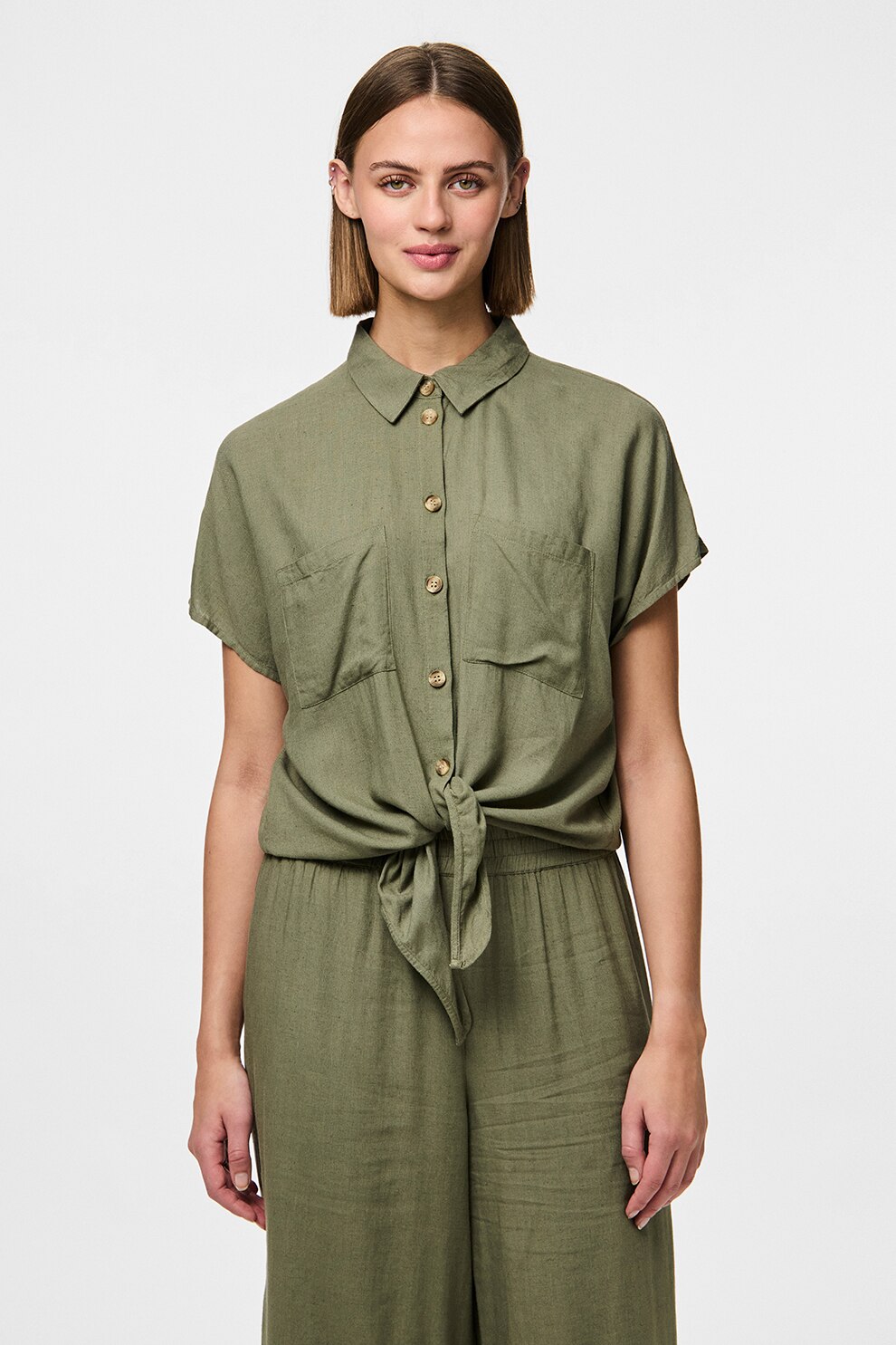 Pieces, Camasa din amestec de in, Verde masliniu, S