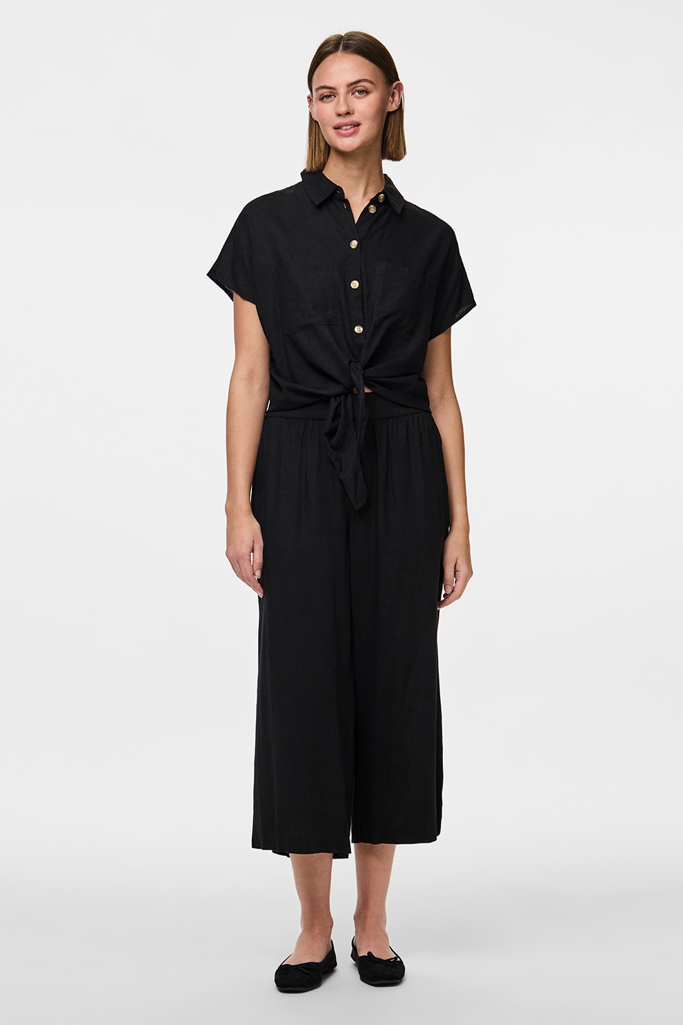 Pieces, Pantaloni culotte din amestec de in, Negru, S