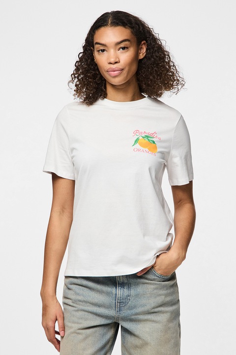 Pieces, Tricou din bumbac organic cu imprimeu pe spate, Alb