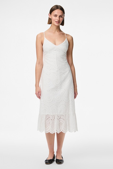 Pieces, Rochie midi cu dantela Sangallo, Alb