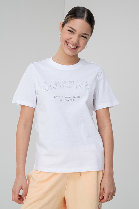 Pieces, Tricou de bumbac organic cu strasuri, Alb/Argintiu