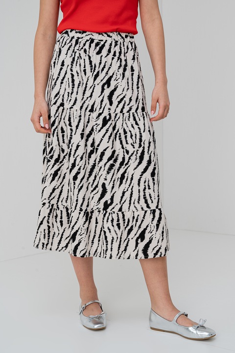 Pieces, Fusta lunga cu animal print si talie elastica, Alb fildes/Negru