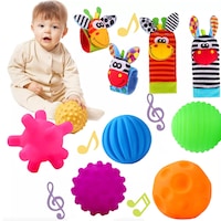 Set 10 Jucarii Interactive pentru Bebelusi, SINBINTA, Jucarie Dentitie, Include sosete si bratari zornaitoare, Sigur pentru mesteca, Pentru dezvoltarea abilitatilor motrice, coordonarii sau atentiei, PVC/Textil, Multicolor