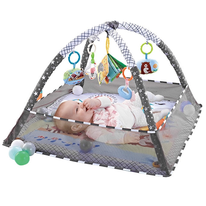 Centru de Activitati, SINBINTA, Saltea si Tarc de Joaca, Covor moale, 18 de bile colorate, 5 jucarii, Doua arcade, Antiderapant, Pliere rapida, Lavabil, Pentru copii si bebelusi, Textile, 80x80x55cm, Gri