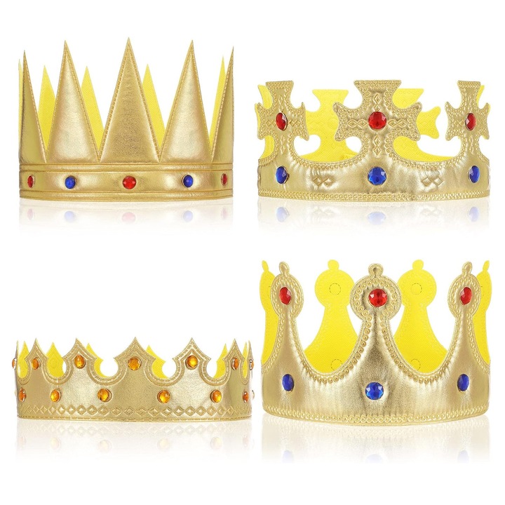 Комплект от 4 кралски корони, Axroad Mall, Корона за детско парти, С имитация на цветни камъни, Универсален размер, Закопчаване с велкро, За събития, Парти, Косплей, Позлатен плат, Обиколка 35.7/45/55.5/57.5 см, Златист