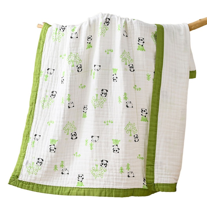 Бебешко одеяло CAKMGER, 100% памук, 6 слоя, зелено, шарка панда, 110x110 см
