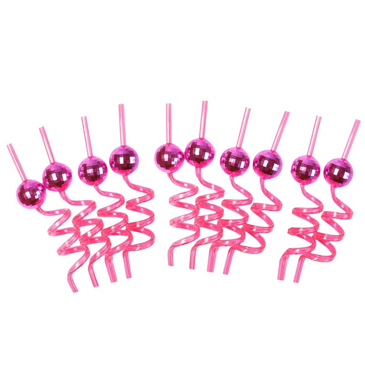 Set 10 paie spiralate din plastic PETG, design disco, reutilizabile, 25cm, roz