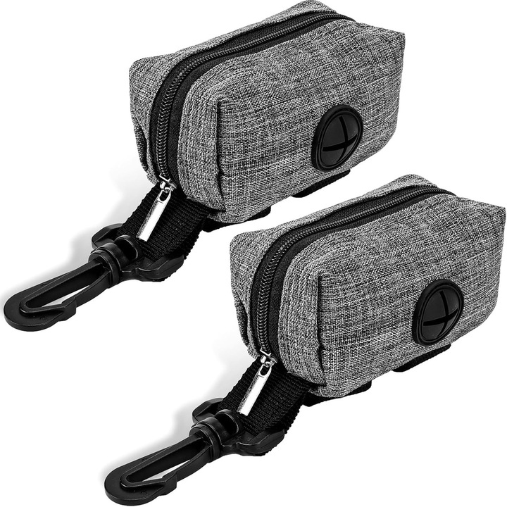 Set 2 suport cu fermoar pentru pungi deseuri caini, ZGGZERG, Distribuitor de saci de gunoi pentru caini, Cu carlig, Deschidere laterala, Design cu velcro, Capacitate mare, Portabil, Potrivit pentru orice lesa de caine, Material oxford, 10*5*5cm, Gri