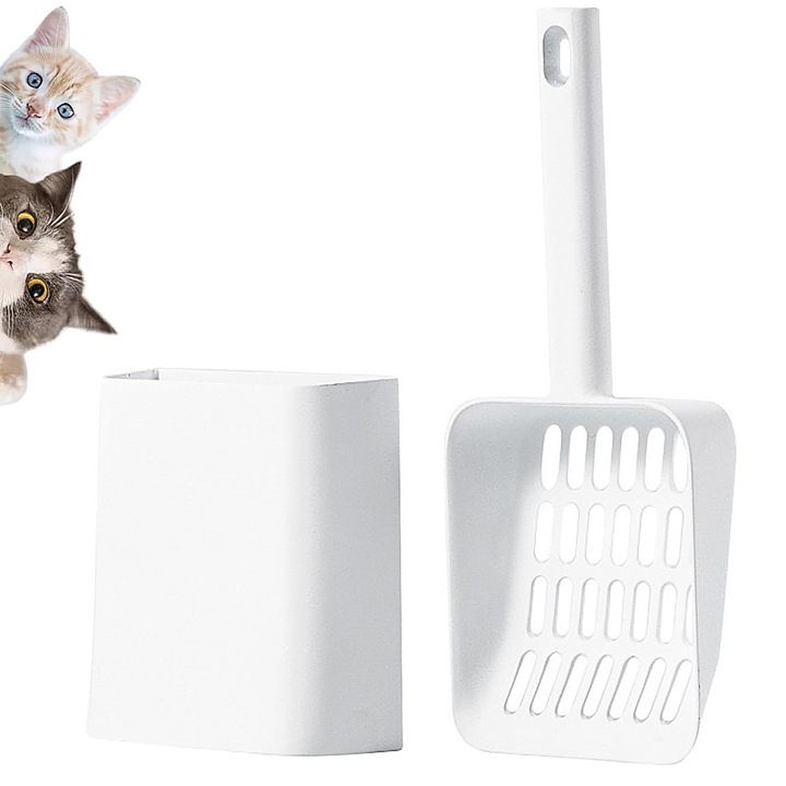 Set lopatica litiera pisici, ZGGZERG, Set lopata pentru litiera cu baza, Maner cu agatatoare, Design ergonomic, 7mm deschidere, Lopata ultra-subtire, Usor de curatat, Durabil, Pentru litiera, Plastic, 226*114.5*44mm, Alb