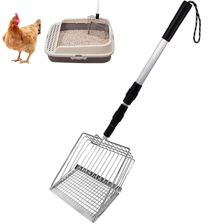 Reglabil lopata pentru litiera din metal, ZGGZERG, Lopatica litiera pentru pisici cu maner lung, Extensibil pana la 106cm, Rezistent la rugina, Design ergonomic, Potrivit pentru filtrarea excrementelor animalelor, Aluminiu/Plastic, 57*14cm, Argintiu/Negru